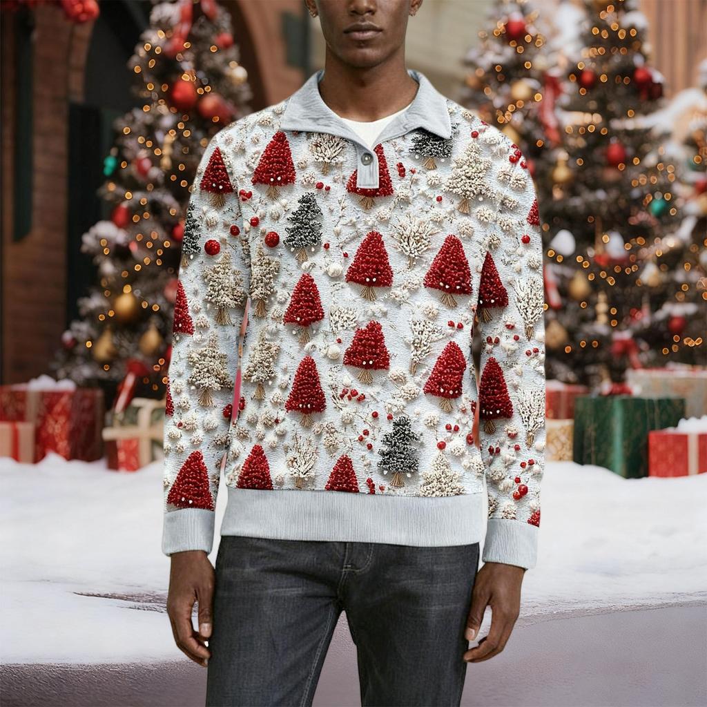 Erkek Noel Pamuklu Kazak Uzun Kollu Dış Giyim Gömleği Vintage Kadife Düğmeli Dik Yaka Gömlek Günlük Sweatshirt Noel Baskılı Üst