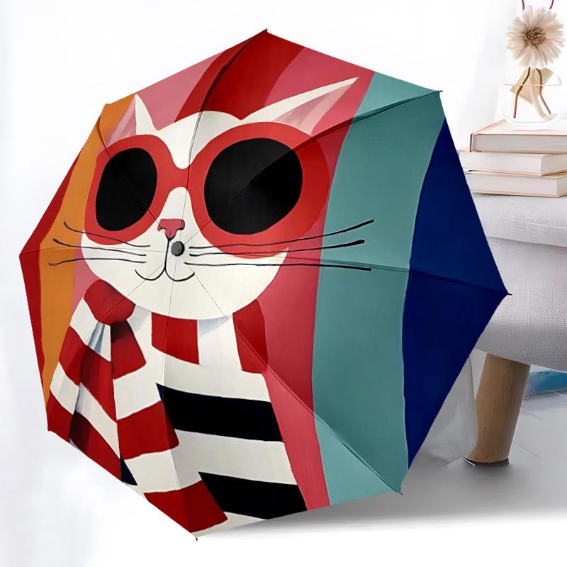 1pc Cat Glasses Striped Scarf Automatic Open/close Umbrella, 8-Rib sturdy structure, Portable Travel Umbrella, Parties, Everyday Useb065