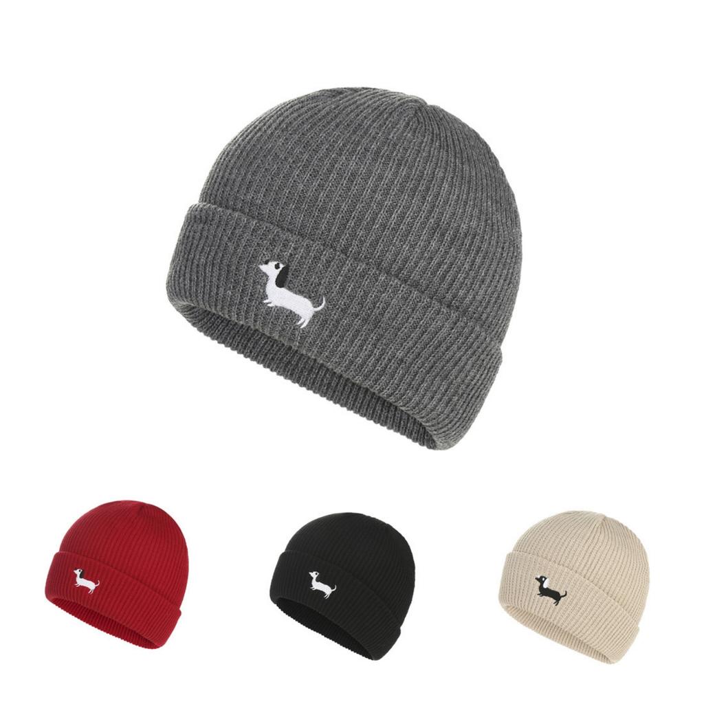 Fashionable Fall And Winter Warm Ear-Protecting Knitted Hat With Simpleed Embroidered Puppy Wool Pull- Hat