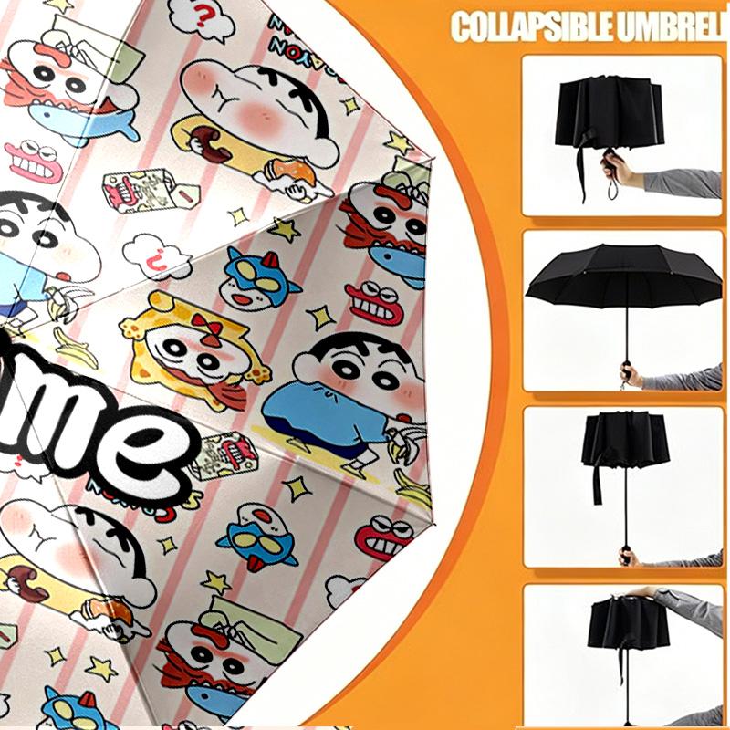 Custom Name Personalized Crayon Shin Print Umbrella, Auto Open Close, 8‑Rib Sturdy Frame, Commute Camping Hiking Use, Birthday Gift