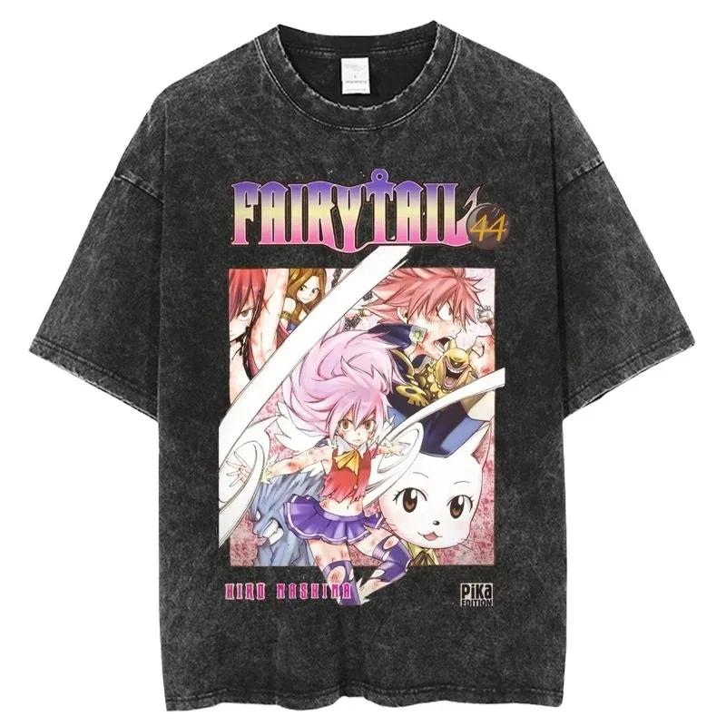 2026 Summer Vintage Washed Fairy Tail Manga Cover Anime T-Shirt Unisex Oversized Streetwear Cotton Short Sleeve Casual Tops