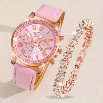 2pcs/set Women's Elegant Watch Fashion Casual Analog PU Leather Band Wrist Watch & Rhinesone Bracelet, Best Gift for Her