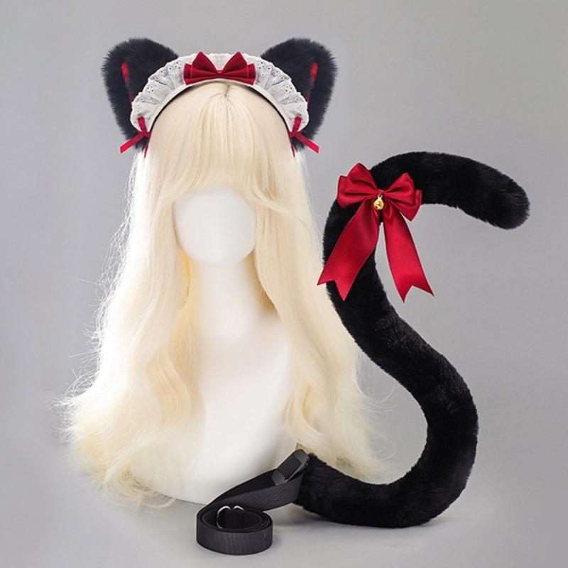 Fasce per Capelli con Orecchie da Gatto Peluche Per Costumi da Cameriera Anni 2000 Accessorio per Capelli Morbido con Fiocco a Nastro 6 Colori