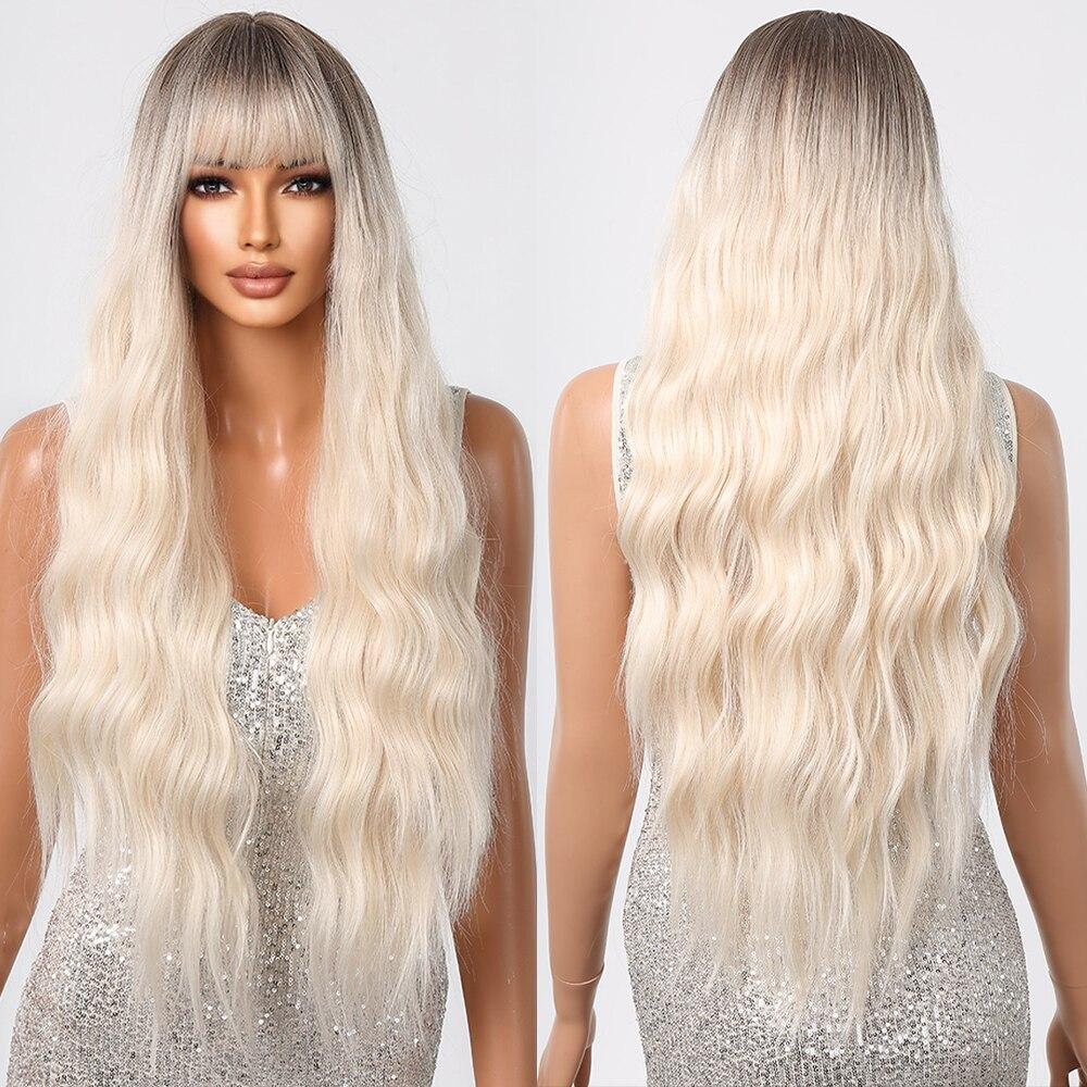 ALAN EATON Black Long Body Wavy Wig for Women Synthetic Natural Wave Wigs with Bangs Daily Party Fake Hair Heat Resistant Fiber