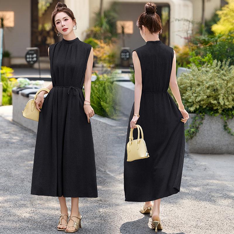 

Stand-up collar cotton and linen dress summer dress new women s long waist casual linen sleeveless long skirt M чорний