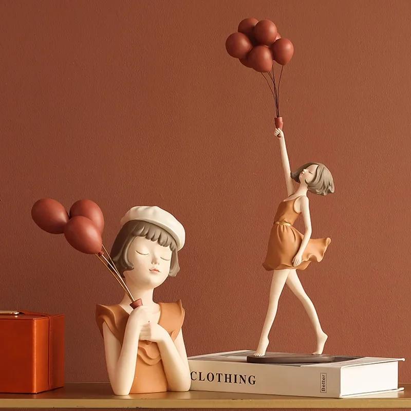 Creative Resin Balloon Girl Decoration for Home Figure Sculpture Statue Living Room Bedroom Desktop Ornament Craft Birthday Gift