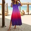 Women Fashion Round Neck Dazzling Dyeing Splicing Geometry Printed Short Sleeve Side Slit Dress Casual Vacation Dress Long Loose Dress