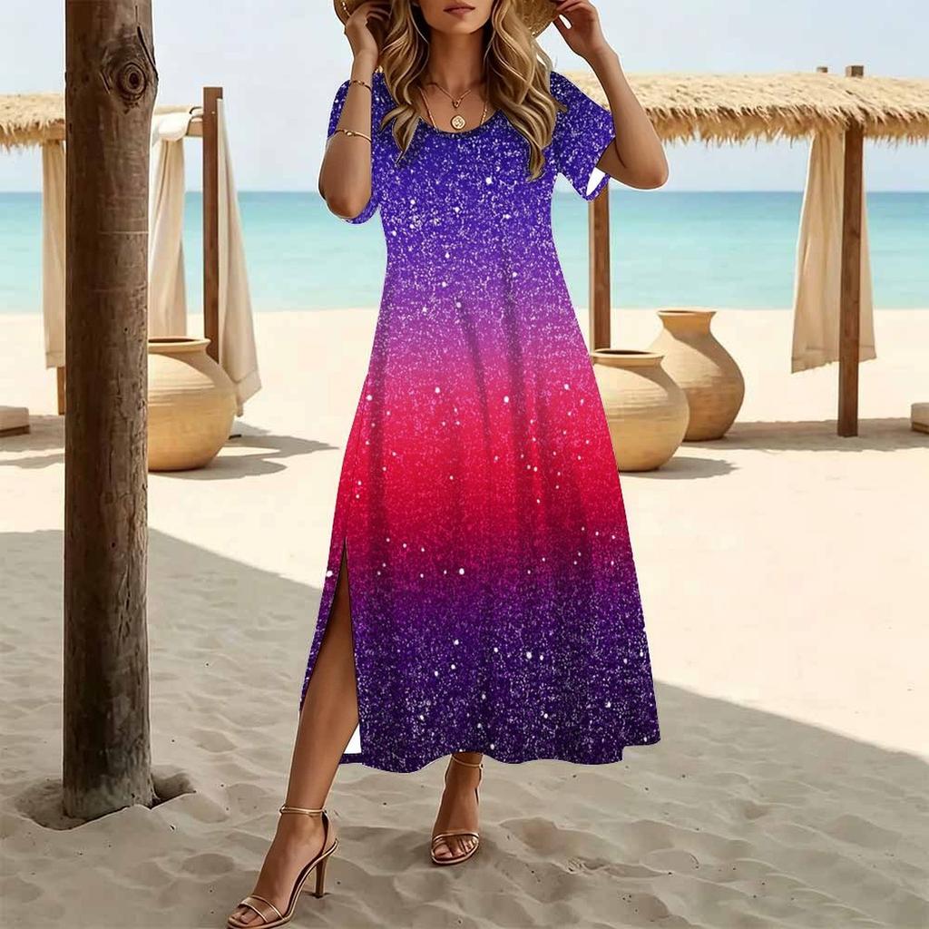 Women Fashion Round Neck Dazzling Dyeing Splicing Geometry Printed Short Sleeve Side Slit Dress Casual Vacation Dress Long Loose Dress