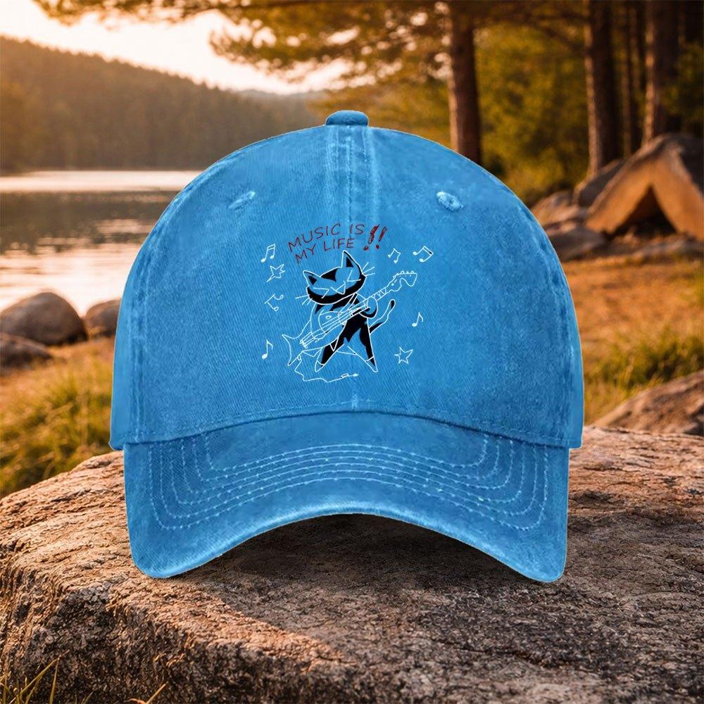 Music Cat Guitar Print Washed Baseball Cap Unisex Casual Hat for Golf Outdoor Daily Wear