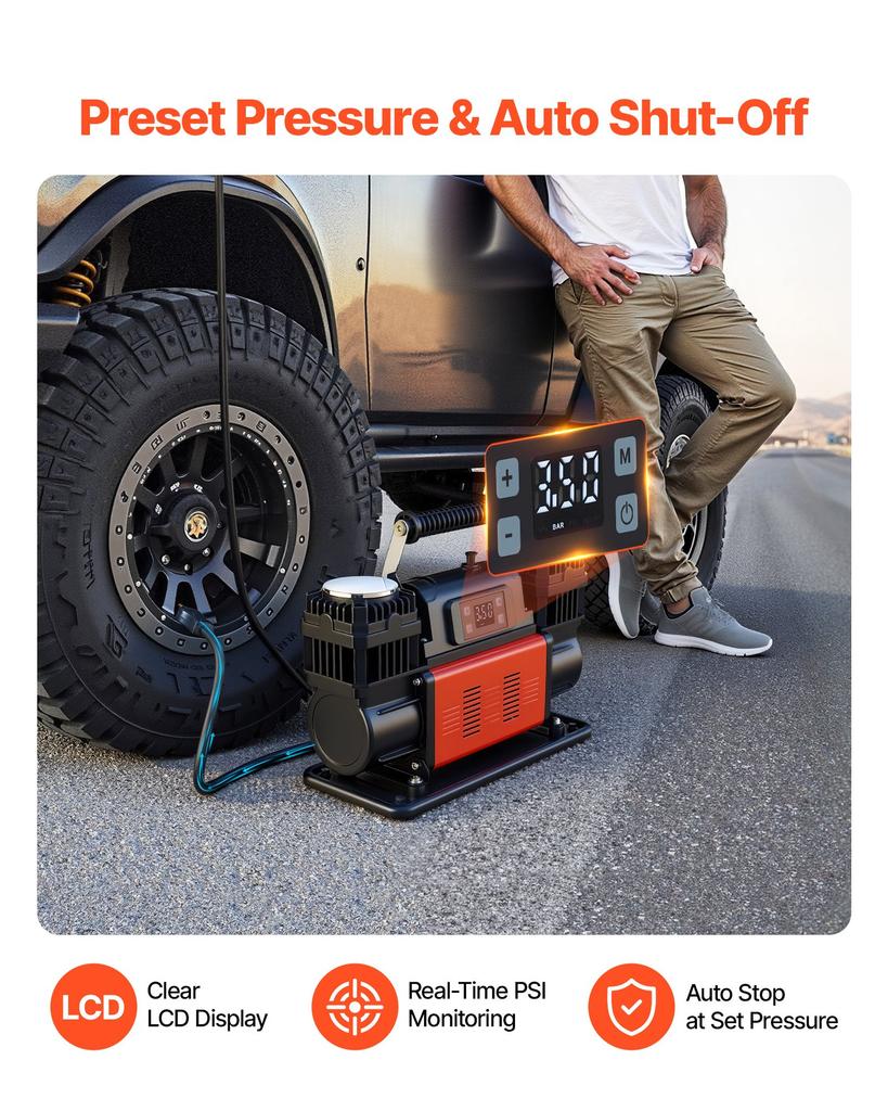 VEVOR Dual-Cylinder Heavy Duty Air Compressor, 300L/min Auto-Stop Portable Tire Inflator
