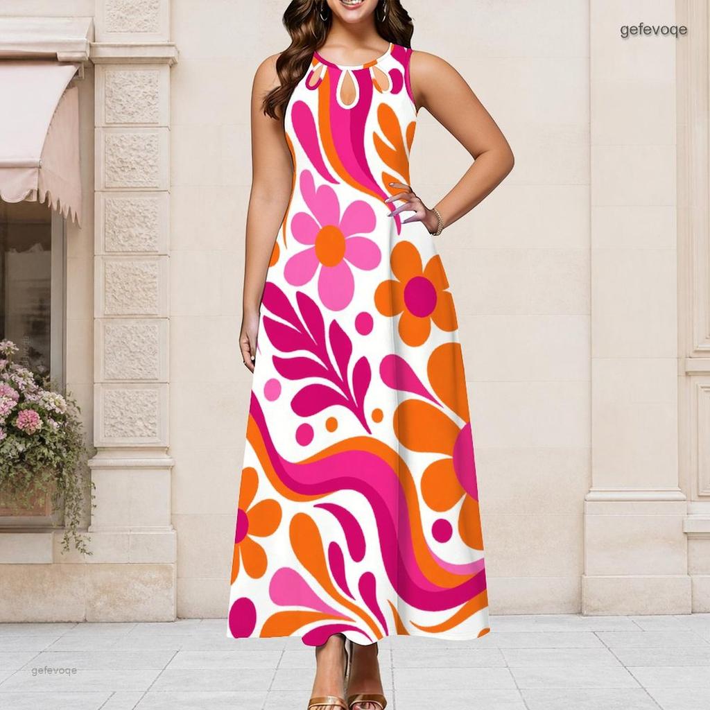 Women Plus Size Round Neck Triple Keyhole Cutout Sleeveless Floral Printed Long Dress