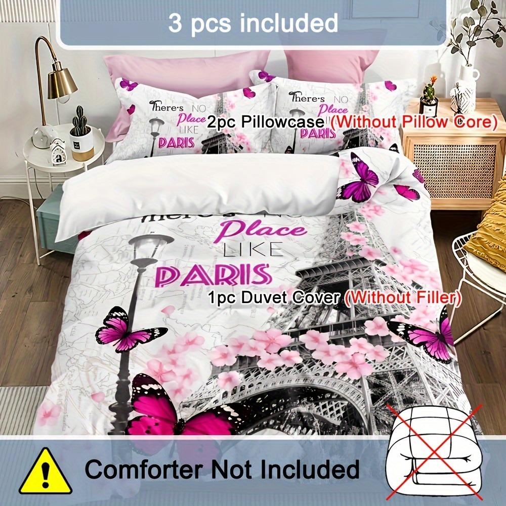 3pcs Pink Beding Set Paris Eifel Tower Print Cozy Soft Duvet Cover Set King Quen Twin Single Sized Dimensions Birthday Gift Girl Bedrom Decor