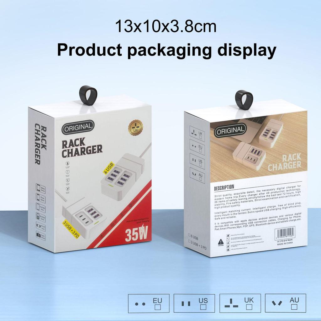 35W Multi-Port Power Strip Charger with 3 PD & 3 USB, 6 Sockets, and 3A Fast Charging