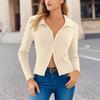 Solid Color Women's Zipper Sweater Long Sleeve Polo Neck Ribbed Knit Slim Short Sweater Pullover Top
