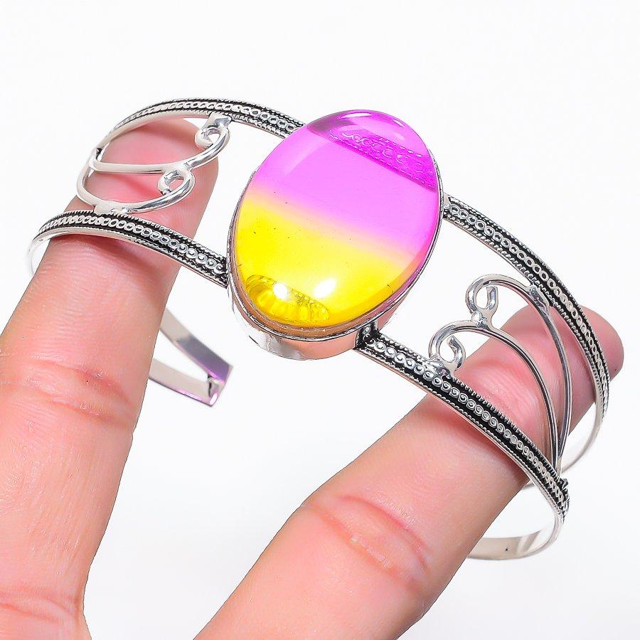 

Natural Bi-Color Tourmaline Gemstone 925 Sterling Silver Cuff Bangle Adj o8K95