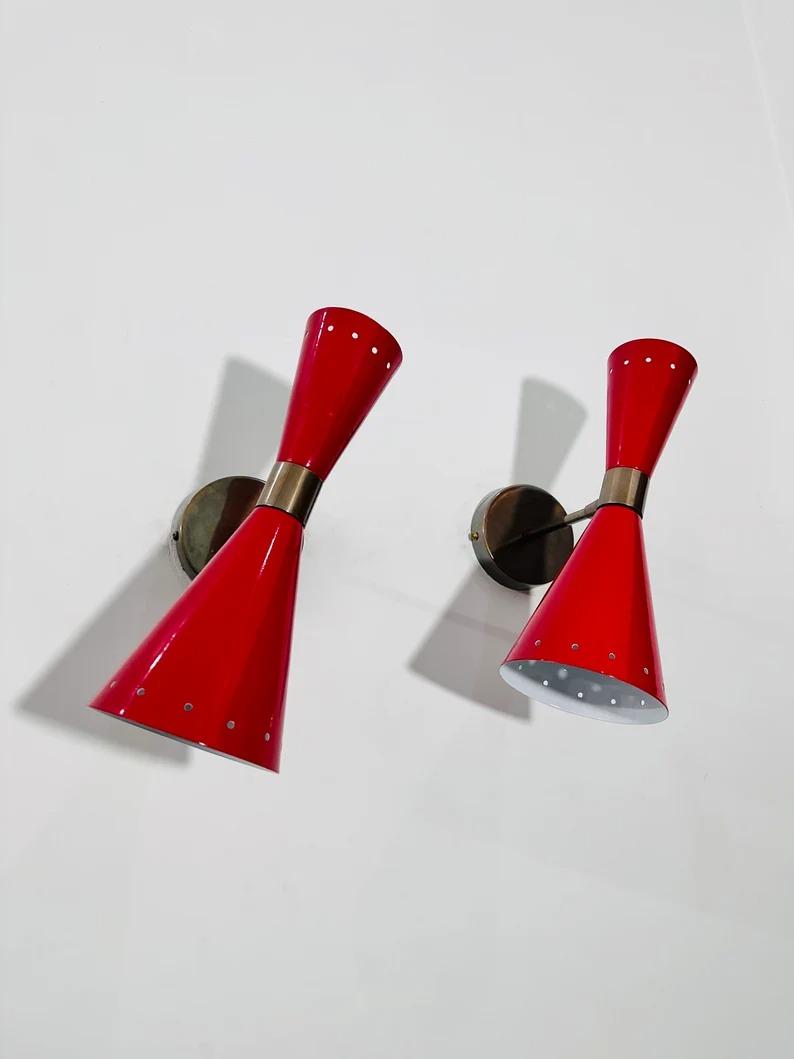 

Red Brass Wall Sconce: Mid-Century Italian Stilnovo Reading Light червоний