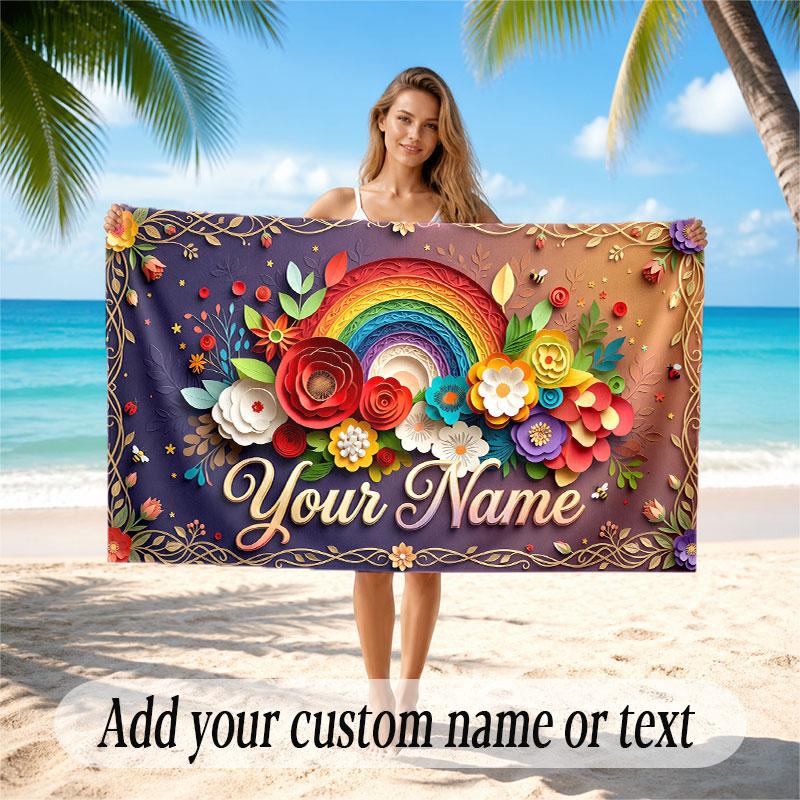 Floral Garden Theme Soft Beach Towel Personalized Custom Name Text Towel Portable for Beach Pool Travel