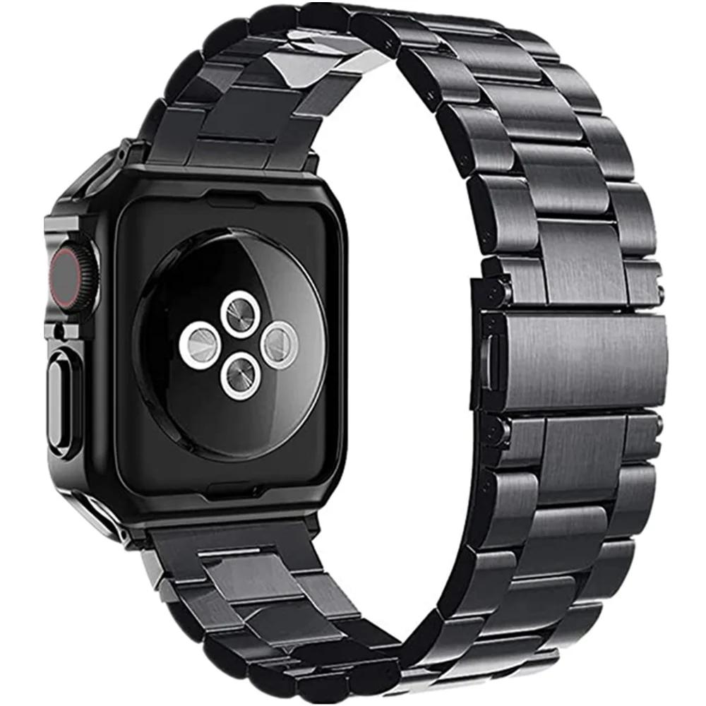 TPU Protector Case+Metal Strap For Apple Watch Ultra Band 49mm 45/44mm 41mm 40/38 Stainless steel Bracelet series 3 5 6 se 7 8 9