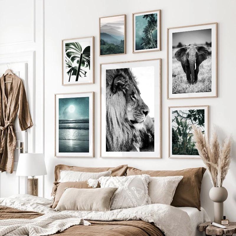 Nature Landscape Poster Plant Lion Animal Leaf Canvas Wall Art Plam Tree Starry Night Painting Decorative Home Picture Decor