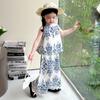 Girls' summer sleeveless neck set, new children's vacation style baby girl wide-leg pants, thin two-piece set