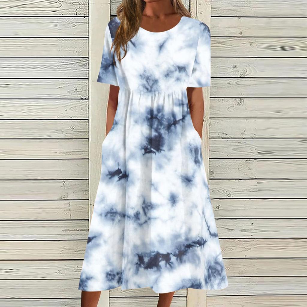 Damen-Freizeitkleider, bedruckte Kleider, Sommerkleider, bedruckt, plissiert, Rundhals-Midi-Kleider, Basic, klassisch, Outdoor, täglich, kurzärmelig, lockere Kleider