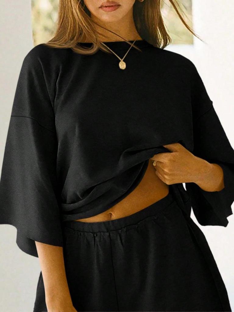 Womens 3/4 Sleeve Lounge Set Oversized Top and Elastic Waist Shorts