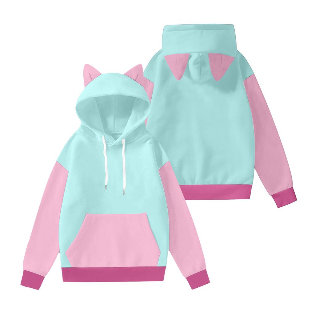 Women's Fashion Long-Sleeved Color-Blocked Printed Hooded Sweatshirt With Ears