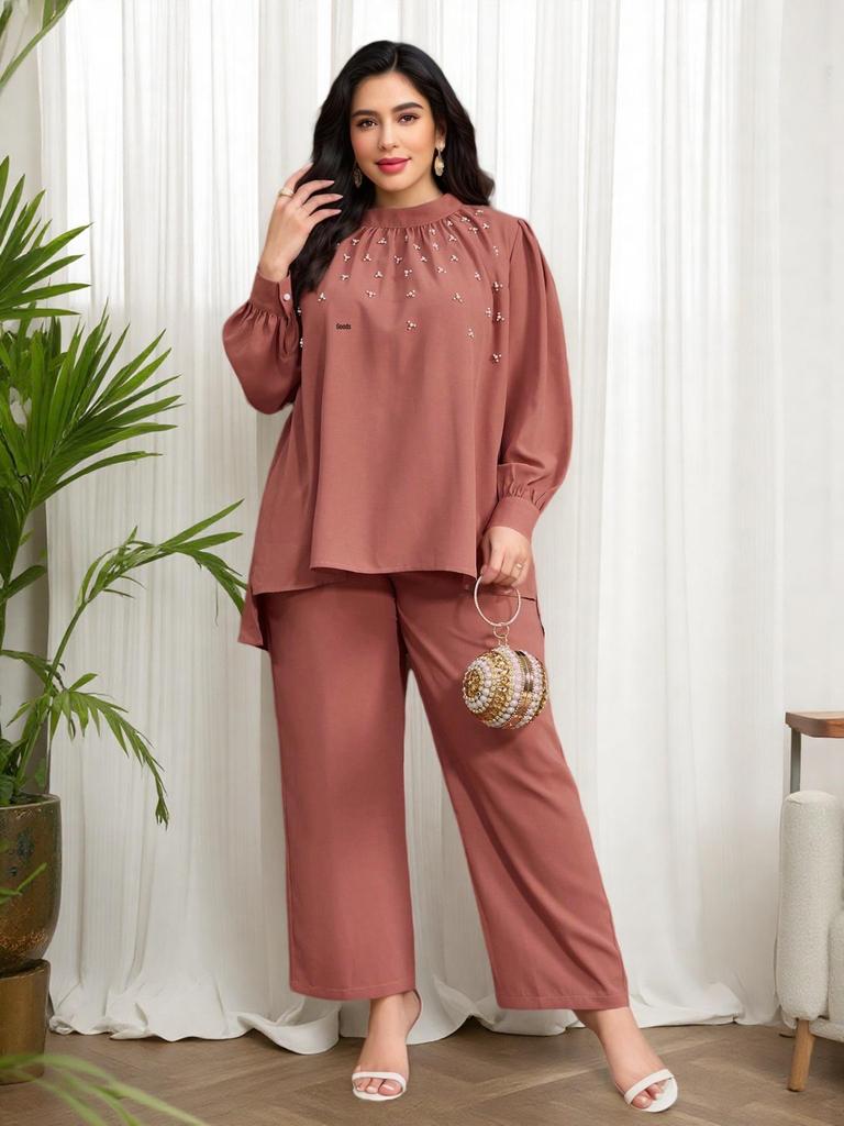 Middle Eastern Plus Size Women's Beaded Loose Two-Piece Set: Pink Stand Collar Top & Wide-Leg Pants