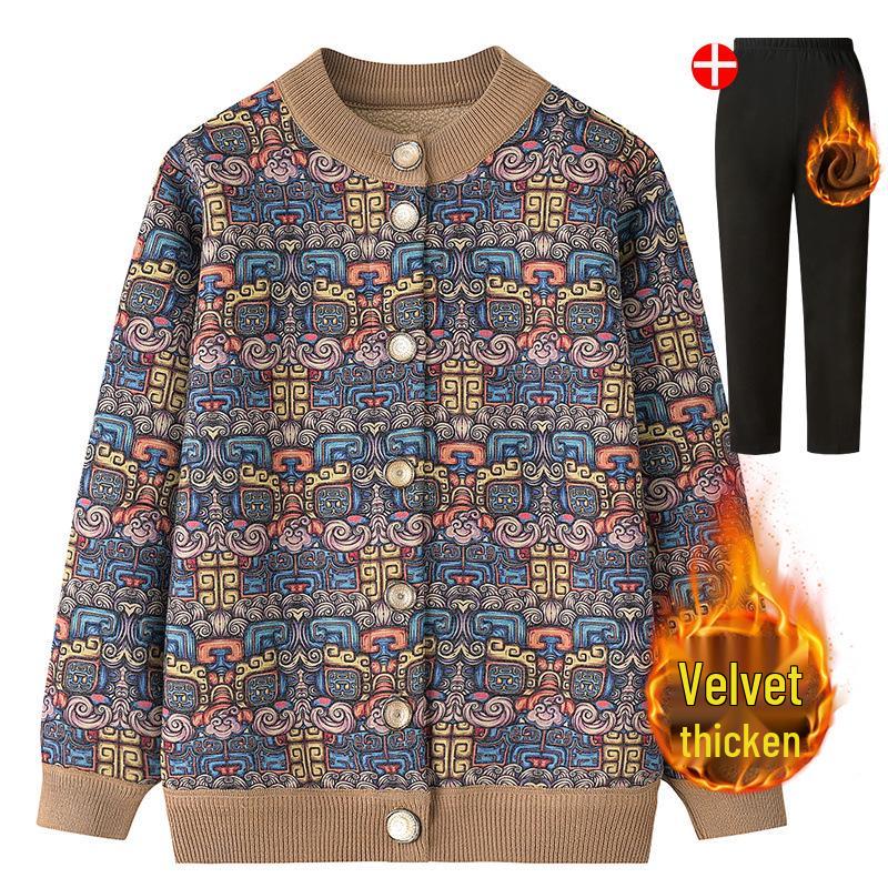 Women's Fleece-Lined Knitted Cardigan - Warm Autumn Winter Jacket for Elderly Ladies
