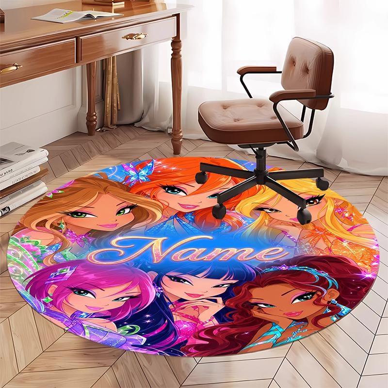 Custom Name Winx Club Printed Round Rug Carpet Chair Rug Area Rug Entryway Doormats,for Office Chair Living Room Bedroom Kitchen Room.