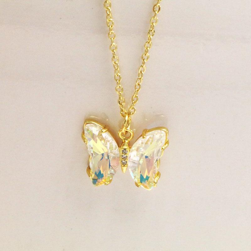 Koreanskt flerfärgat kristallfjärilshalsband - Guldpläterad titanstål nyckelbenskedja för kvinnor