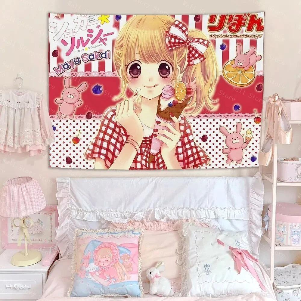 Manga Girls Heart Printed Tapestry Japanese Cute Atmosphere Decorative Bedroom Tapestry Bedside Tapestry Bathroom Tapestry