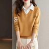 Autumn and winter new shirt collar knitted fake two-piece sweater women's fashion versatile long-sleeved knitted top bottoming shirt