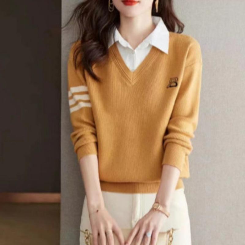 Autumn and winter new shirt collar knitted fake two-piece sweater women's fashion versatile long-sleeved knitted top bottoming shirt