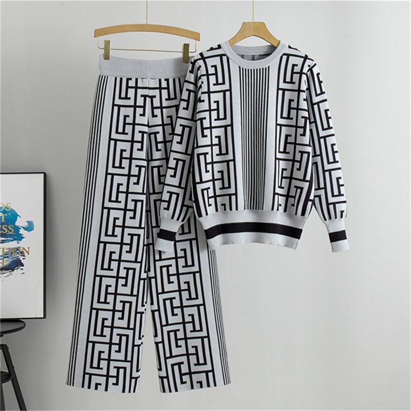 

Осінньо-зимовий новий приталений повсякденний трикотажний костюм для жінок, вільний светр штани з широкими штанинами комплект з двох предметів One Size сірий колір