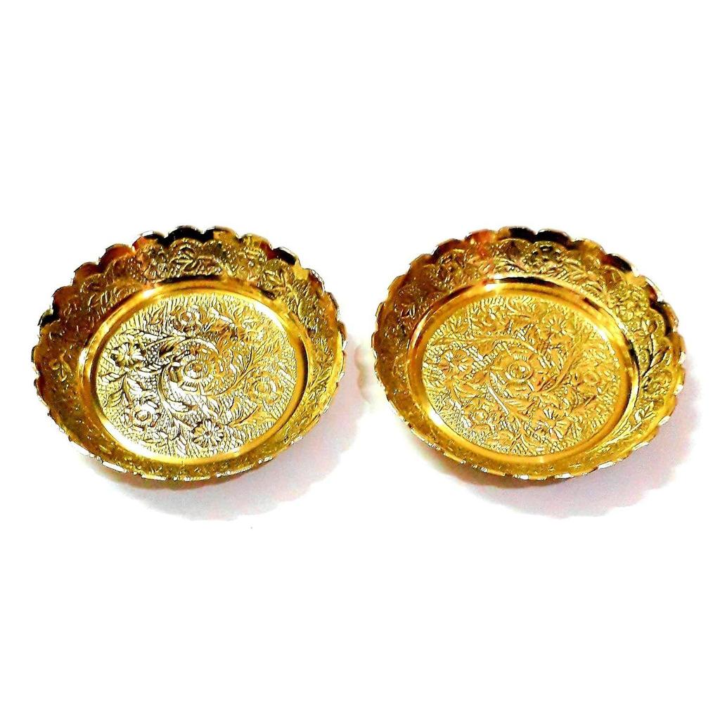Small Pure Brass Plate for Puja / Diwali / Bhog Thali with Beautiful Flower Embossed Design (Golden) Set of 2pcs