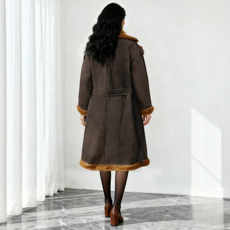 Womens Faux Fur Coat Winter Warm Long Sleeve Belted Slim Fit Mid-Length Outerwear In Brown PU Fabric