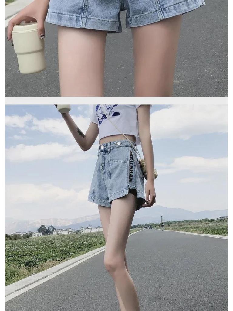 Korean High Waist Women's Denim Shorts - 2020 Slim A-Line Wide Leg In Black & Gray.
