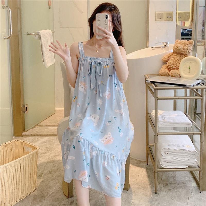 Cotton Nightdress Women'S Summer Thin Pajamasspring And Autumn Cotton Korean Cute Casual Print Dress Loungewear