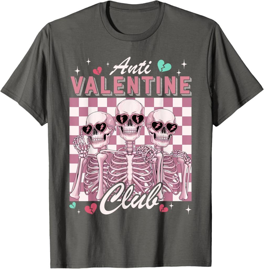 Anti-Valentinstag-Club-Skelett-Grafik-T-Shirt, lustiges Single-Day-Freizeit-Rundhals-T-Shirt für Männer und Frauen