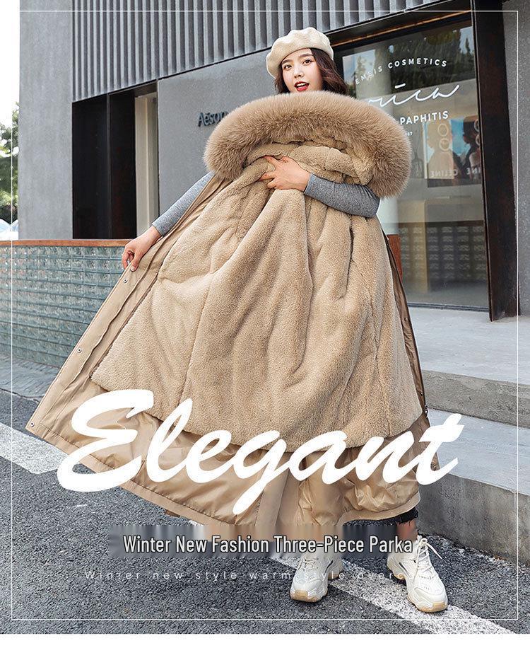 Women's Korean Style 3-in-1 Reversible Long Cotton Parka with Removable Liner and Slimming Waist