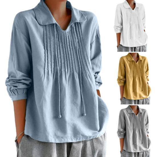 Women Spring Shirt Turn-down Collar Tassel Solid Color Loose Soft Pleated Pullover