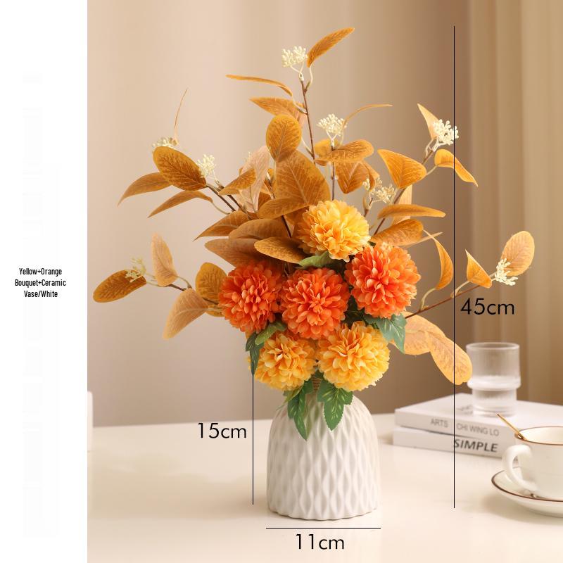 Eucalyptus Ball Chrysanthemum Bouquet in Ceramic Vase - Artificial Dried Flowers for Living Room or Dining Table Decor
