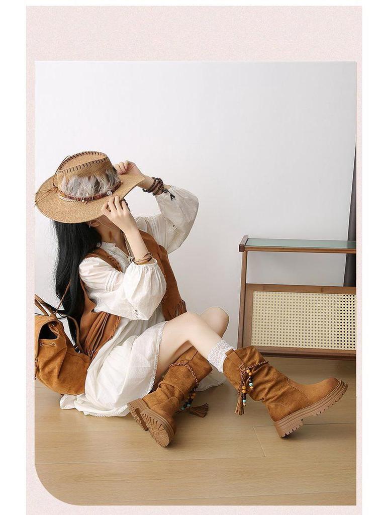 Women's Thick Sole Retro Western Ankle Boots - 2025 Autumn/Winter Fashion Tassel Cowboy Martin Boots