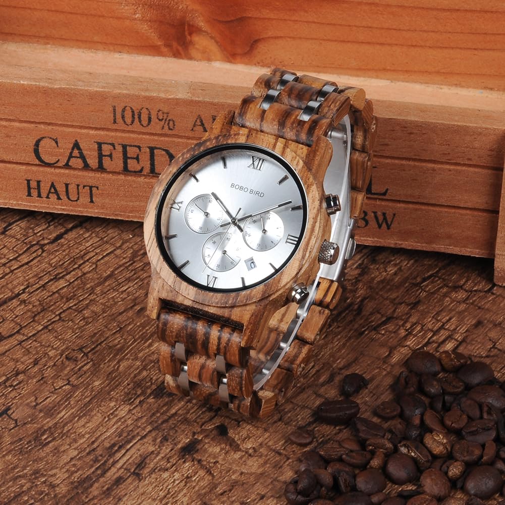 BOBO Bird Wood Watch Luxury Wood Metal Strap Chronograph Date Display Quartz Watch Versatile Watch Metal White Men's Men's