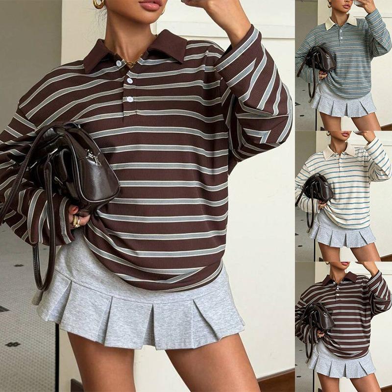 Womens Striped Button Polo Collar Long Sleeve Casual Loose Sweatshirt