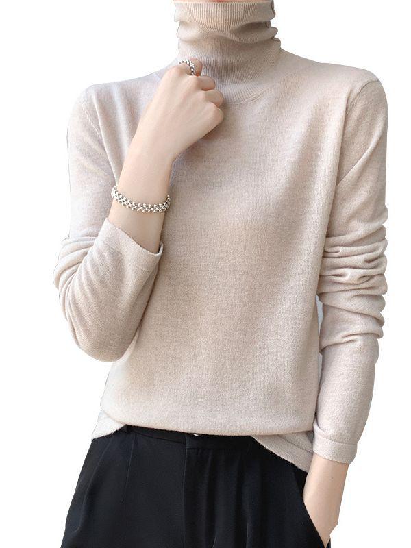 Versatile Pure Wool High Neck Solid Color Women's Slim Top for Spring & Autumn 2023