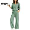 Damen Lässiges Loungewear Sweatshirt Hosen 2-teiliges Set, V-Ausschnitt Langarm Oberteil & Weiter V-Ausschnitt Pullover Sets Hosen mit Elastischem Bund, Einfarbig