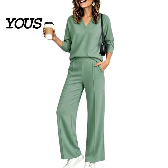 Damen Lässiges Loungewear Sweatshirt Hosen 2-teiliges Set, V-Ausschnitt Langarm Oberteil & Weiter V-Ausschnitt Pullover Sets Hosen mit Elastischem Bund, Einfarbig