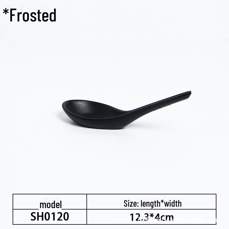 A5 Black Matte Melamine Long Handle Soup Spoon - Food Grade Porcelain Imitation for Restaurants, Hotels, and Hot Pots.